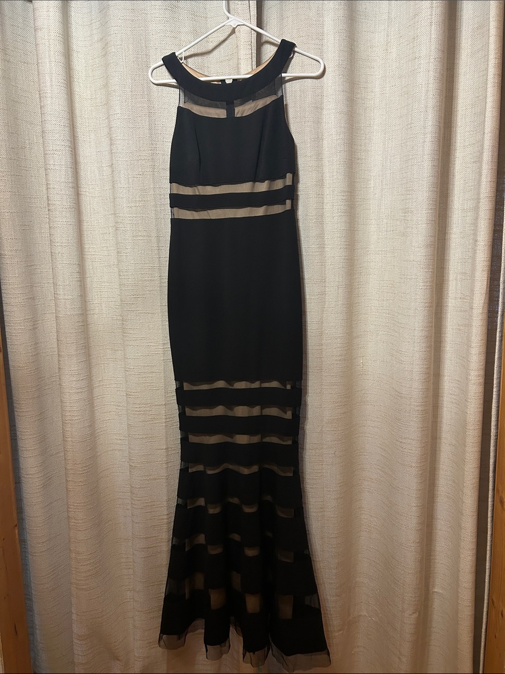 JS Collections Black and Tan Sheer-Stripe Maxi Gown